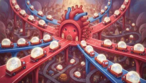 Uma cidade mágica dentro do corpo onde o coração é uma grande estação central que bombeia carrinhos vermelhos carregados de energia por estradas gigantes, mantendo o trânsito da vida sempre em movimento!