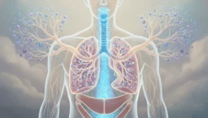 Uma ilustração mágica onde os pulmões são duas grandes árvores brilhantes dentro do corpo. O ar fresco entra como luz azul e é trocado por luz roxa em pequenas bolhas, tudo movido por um músculo que sobe e desce na base!