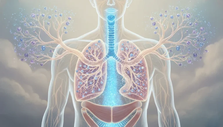 Uma ilustração mágica onde os pulmões são duas grandes árvores brilhantes dentro do corpo. O ar fresco entra como luz azul e é trocado por luz roxa em pequenas bolhas, tudo movido por um músculo que sobe e desce na base!