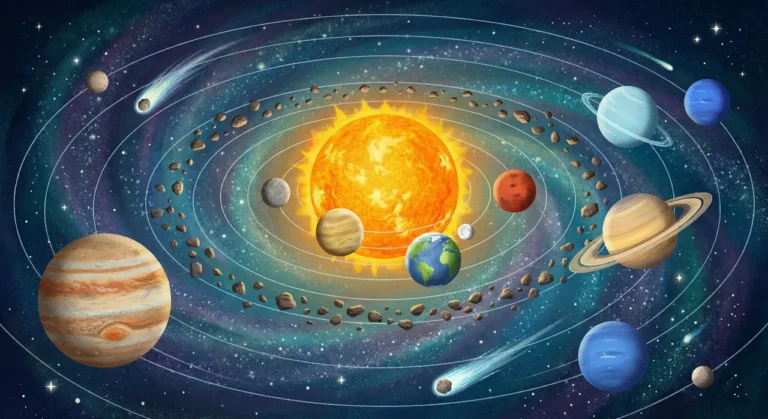 Uma ilustração vibrante e didática do Sistema Solar em estilo de pintura, contra um fundo de galáxia rodopiante. Um Sol amarelo brilhante está no centro. Orbitando ao redor dele em linhas curvas estão os planetas internos (o pequeno Mercúrio cinza, Vênus amarelado, a Terra azul e verde com sua pequena Lua branca, e Marte avermelhado). Um cinturão de rochas (asteroides) os separa dos gigantes externos: Júpiter listrado, Saturno com seus anéis proeminentes, Urano azul-pálido e Netuno azul-escuro. Cometas com caudas e um pequeno planeta anão distante também são visíveis nas órbitas externas.