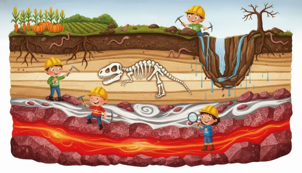 Uma ilustração educativa mostrando o chão cortado como uma fatia de bolo. No fundo, rochas brilhantes e magma; no meio, camadas de terra com um fóssil de dinossauro; e no topo, o solo escuro. Na superfície, um lado tem uma plantação saudável e o outro mostra a terra desmoronando por causa da erosão.