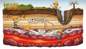 Uma ilustração educativa mostrando o chão cortado como uma fatia de bolo. No fundo, rochas brilhantes e magma; no meio, camadas de terra com um fóssil de dinossauro; e no topo, o solo escuro. Na superfície, um lado tem uma plantação saudável e o outro mostra a terra desmoronando por causa da erosão.