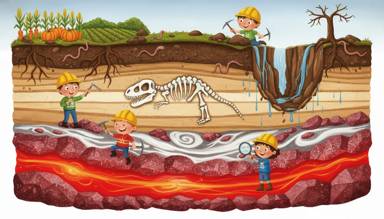 Uma ilustração educativa mostrando o chão cortado como uma fatia de bolo. No fundo, rochas brilhantes e magma; no meio, camadas de terra com um fóssil de dinossauro; e no topo, o solo escuro. Na superfície, um lado tem uma plantação saudável e o outro mostra a terra desmoronando por causa da erosão.