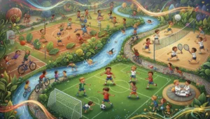 Uma ilustração vibrante e cheia de energia de um parque gigante onde crianças praticam vários esportes ao mesmo tempo: futebol, basquete, natação, tênis, vôlei e artes marciais, tudo em um cenário divertido e sem nenhuma palavra escrita!