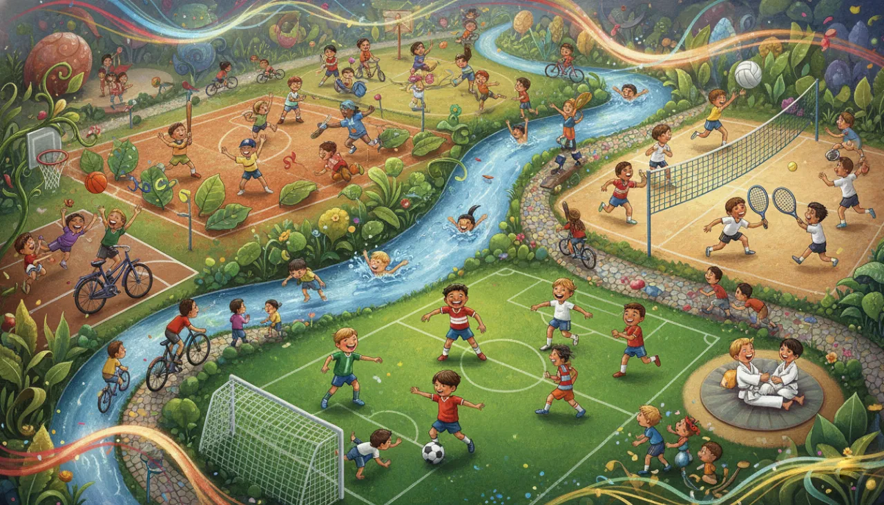 Uma ilustração vibrante e cheia de energia de um parque gigante onde crianças praticam vários esportes ao mesmo tempo: futebol, basquete, natação, tênis, vôlei e artes marciais, tudo em um cenário divertido e sem nenhuma palavra escrita!