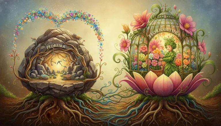 Um jardim mágico onde uma grande pedra e uma flor gigante funcionam como sementes, das quais brotam outras formas fantásticas e relacionadas a elas!