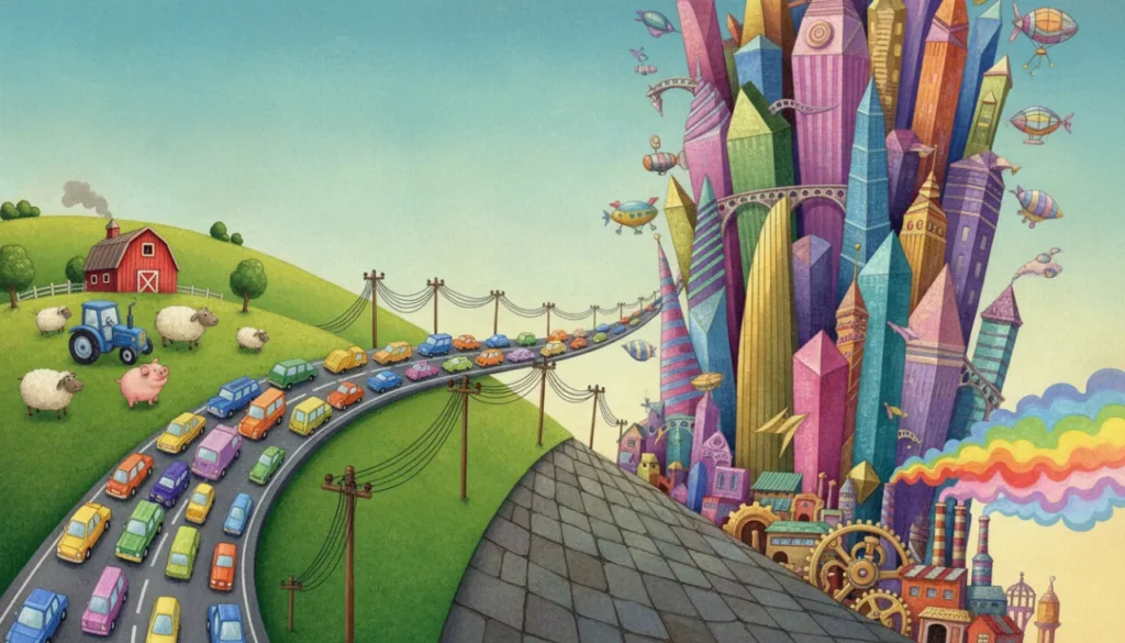 Uma paisagem que mostra a transformação da vida: à esquerda, um campo verde e calmo com uma fazenda; uma estrada cheia de carros leva para o lado direito, onde surge uma cidade gigante com prédios altos e fábricas, mostrando como as cidades crescem!