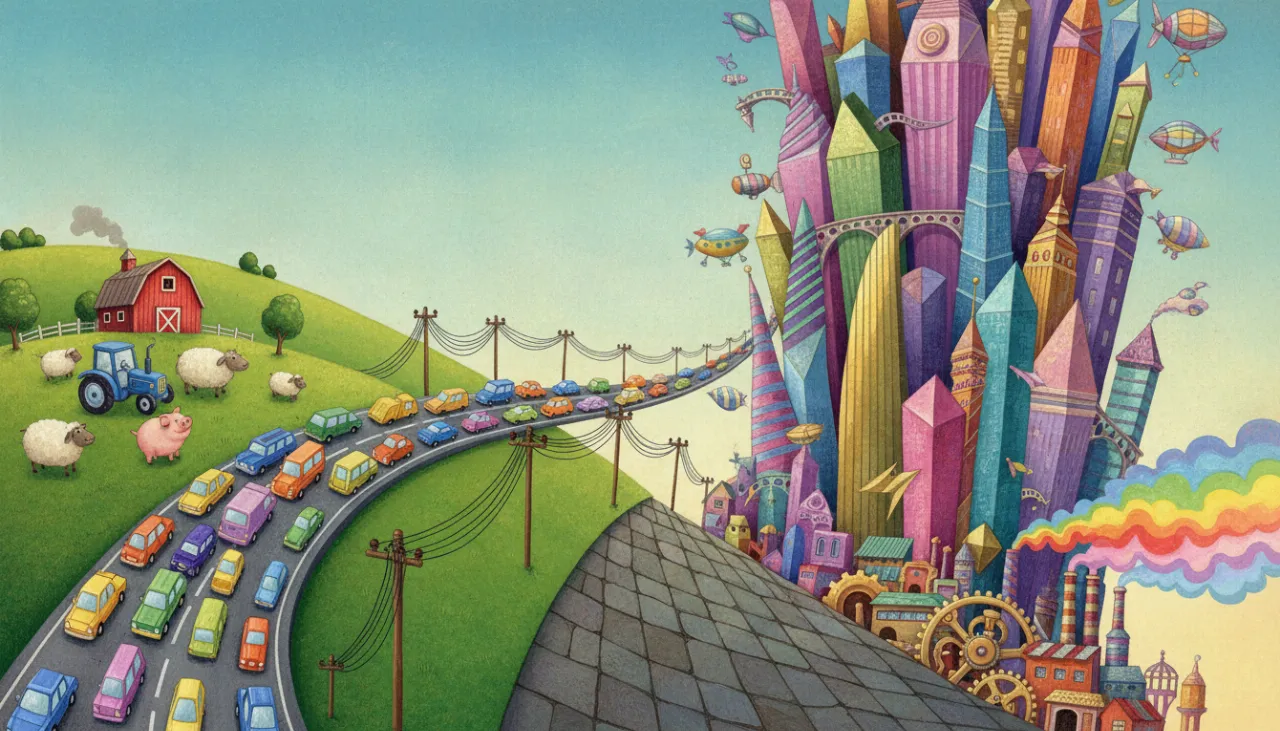 Uma paisagem que mostra a transformação da vida: à esquerda, um campo verde e calmo com uma fazenda; uma estrada cheia de carros leva para o lado direito, onde surge uma cidade gigante com prédios altos e fábricas, mostrando como as cidades crescem!