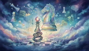 Ilustração surreal inspirada no jogo de xadrez, com elementos abstratos e atmosfera criativa.