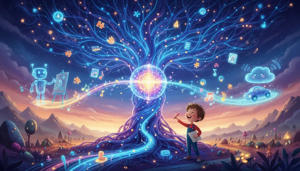 Uma máquina mágica e brilhante que aprende com imagens e dados para criar robôs artistas e carros inteligentes, com uma criança curiosa observando!