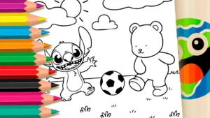 Desenho para colorir Stitch e Bob Gude Jogando Futebol: Desenho para Imprimir e Pintar