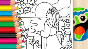 Desenho para colorir Desenho de Menina Admirando o Nascer do Sol para Colorir