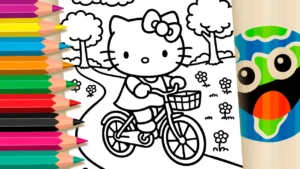 Desenho para colorir Desenho da Hello Kitty andando de bicicleta no parque para colorir