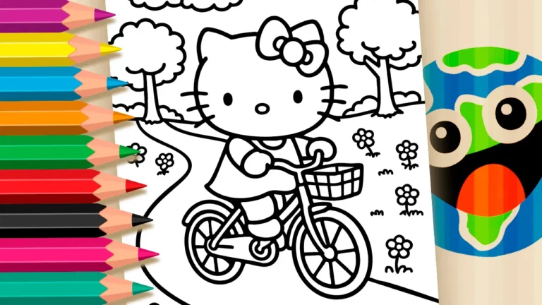 Desenho da Hello Kitty andando de bicicleta no parque para colorir