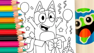 Desenho para colorir Desenho de Bluey Aniversário para Colorir: Pinte Online ou Imprima em Alta Qualidade