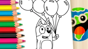 Desenho para colorir Bluey com Balões para Colorir e Imprimir: Pinte Online com Cores Mágicas