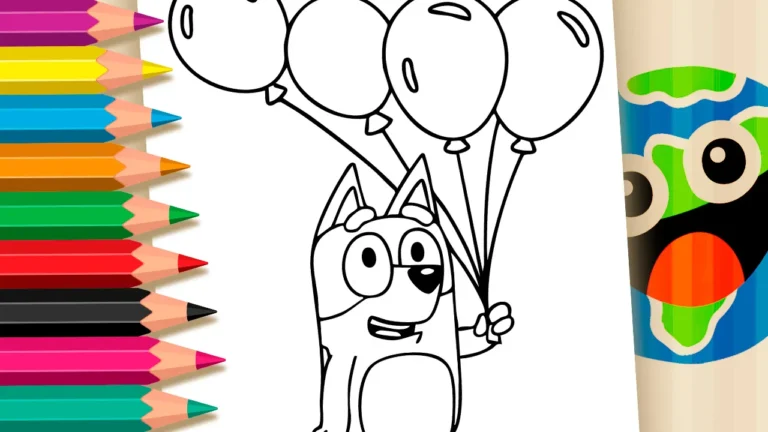 Bluey com Balões para Colorir e Imprimir: Pinte Online com Cores Mágicas