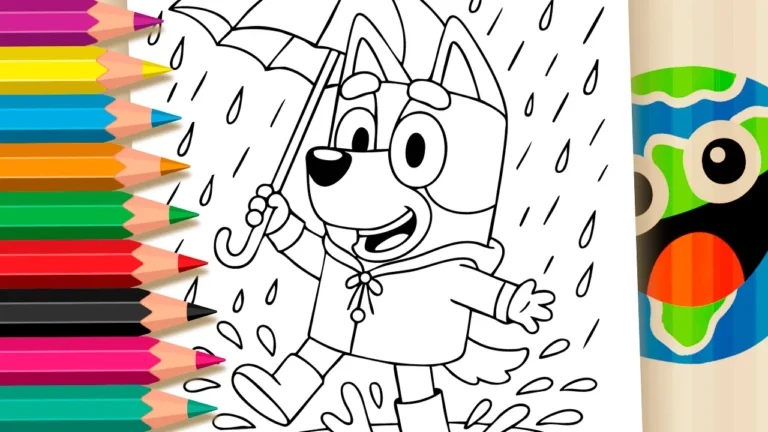 Desenho de Bluey Dançando na Chuva para Colorir