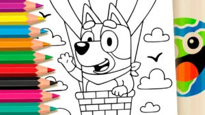 Desenho para colorir Bluey Voando de Balão para Colorir: Pinte Online ou Imprima em PDF Grátis