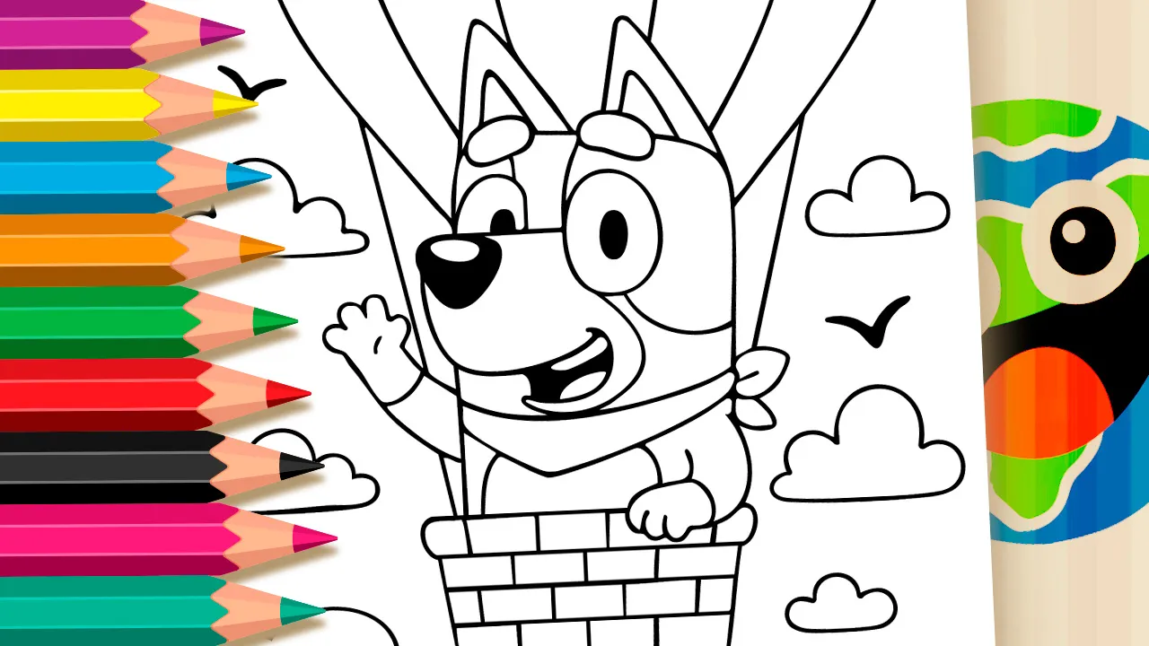Bluey Voando de Balão para Colorir: Pinte Online ou Imprima em PDF Grátis