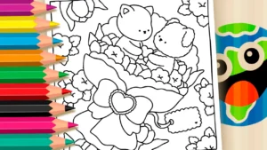 Desenho para colorir Desenho de Buquê de Flores Romântico com Animais Fofos para Colorir