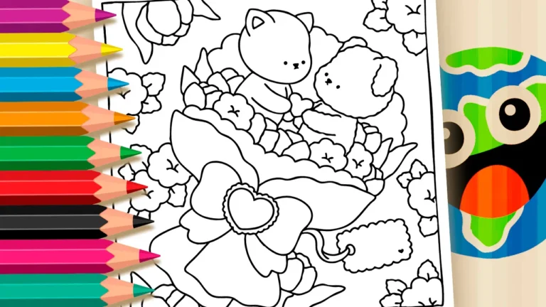 Desenho de Buquê de Flores Romântico com Animais Fofos para Colorir