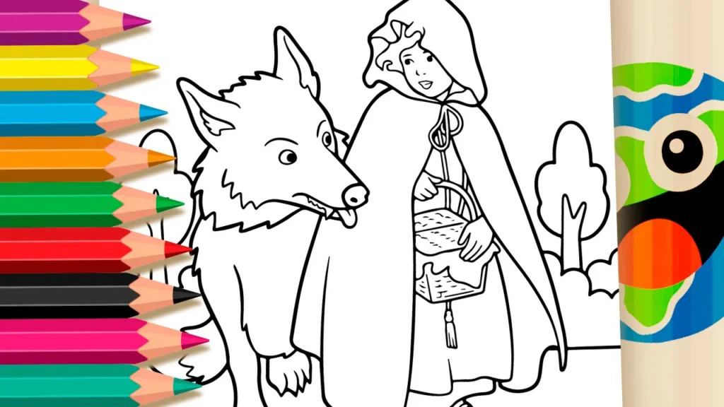 Desenho de linha preta e branca de Chapeuzinho Vermelho caminhando com o lobo mau para colorir. Estilo cartoon lúdico.
