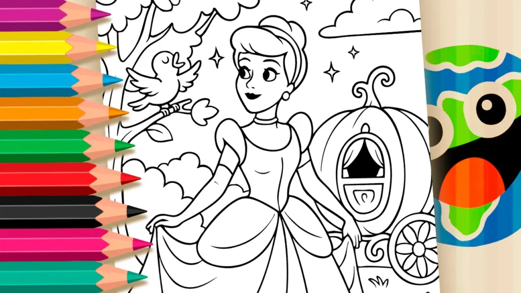 Desenho de linha preta e branca de Cinderela sorrindo para um passarinho no jardim com sua carruagem de abóbora ao fundo para colorir. Estilo conto de fadas fofo.