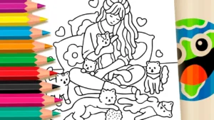 Desenho para colorir Desenho de Garota e seus Gatinhos para Colorir: Pinte Online ou Imprima em Alta Qualidade