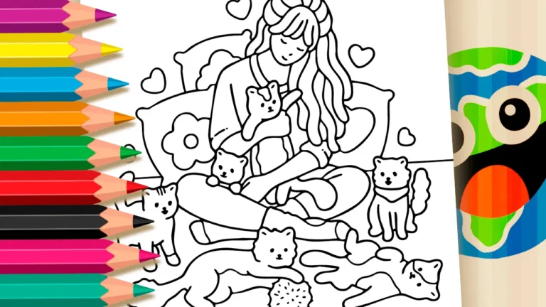 Desenho de Garota e seus Gatinhos para Colorir: Pinte Online ou Imprima em Alta Qualidade