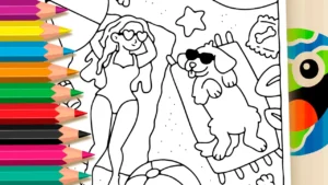 Desenho de Garota na Praia com Cachorro para Colorir: Pinte Online ou Imprima em Alta Qualidade