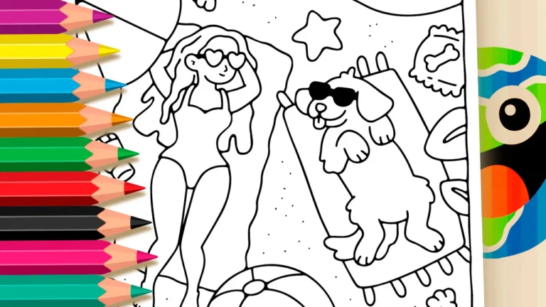 Desenho de Garota na Praia com Cachorro para Colorir: Pinte Online ou Imprima em Alta Qualidade