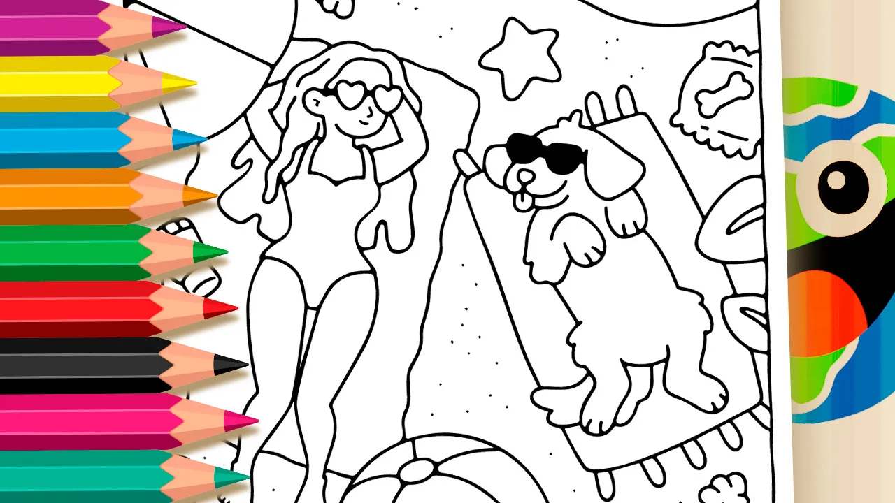 Desenho de Garota na Praia com Cachorro para Colorir: Pinte Online ou Imprima em Alta Qualidade