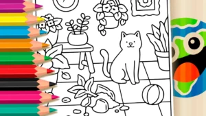 Desenho para colorir Gato Fofo e Vaso de Planta Quebrado para Colorir: Pinte Online ou Imprima em Alta Qualidade