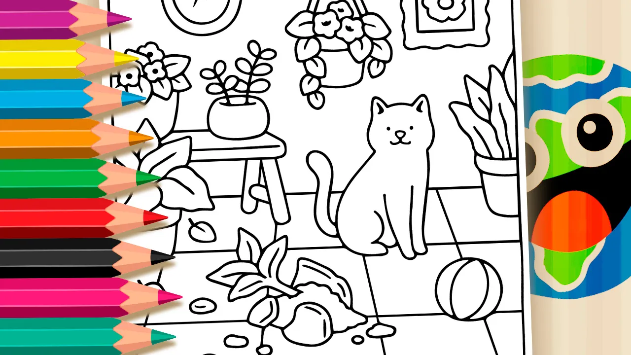 Gato Fofo e Vaso de Planta Quebrado para Colorir: Pinte Online ou Imprima em Alta Qualidade