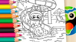 Desenho para colorir Desenho de Labubu no Tobogã e Piscina: Pinte Online ou Imprima Grátis