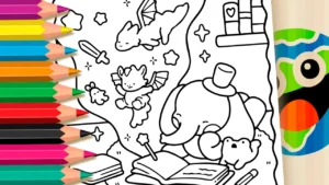 Desenho para colorir Desenho da Magia da Leitura para Colorir: Elefante e Sapo em Aventura Literária