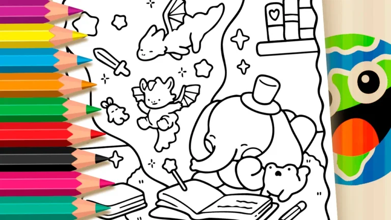 Desenho para colorir Desenho da Magia da Leitura para Colorir: Elefante e Sapo em Aventura Literária