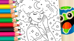 Desenho para colorir Desenho de Mulher Sonhadora com Cabelo de Nuvens e Estrelas para Colorir