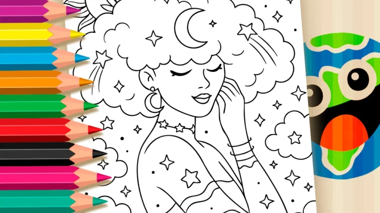 Desenho para colorir Desenho de Mulher Sonhadora com Cabelo de Nuvens e Estrelas para Colorir