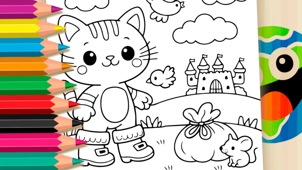 Desenho de linha preta e branca de Gato de Botas sorrindo com um saco de moedas e castelo ao fundo para colorir. Estilo fofo e lúdico.