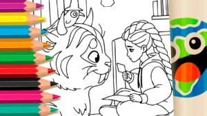 Desenho para colorir Desenho de Rumi e o Tigre Mágico no Quarto para Colorir – Guerreiras do Kpop