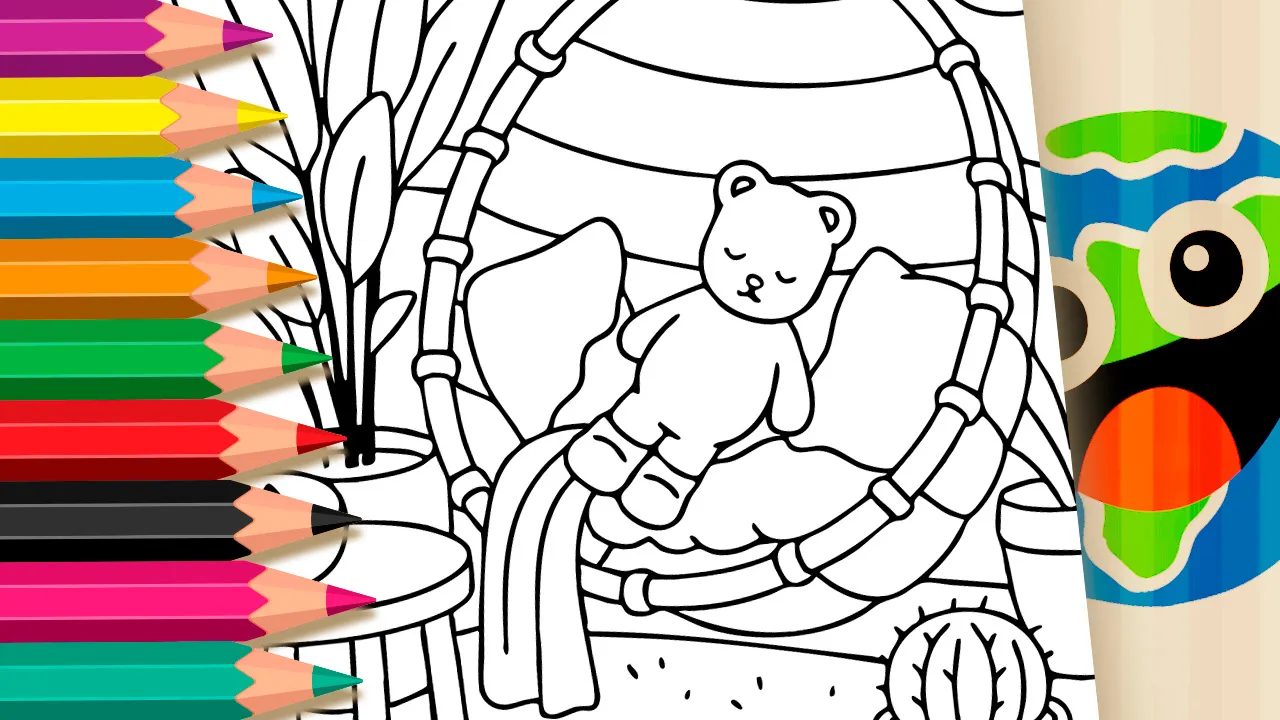 Desenho Ursinho Dormindo na Cadeira de Balanço Estilo Bobbie Goods para Colorir