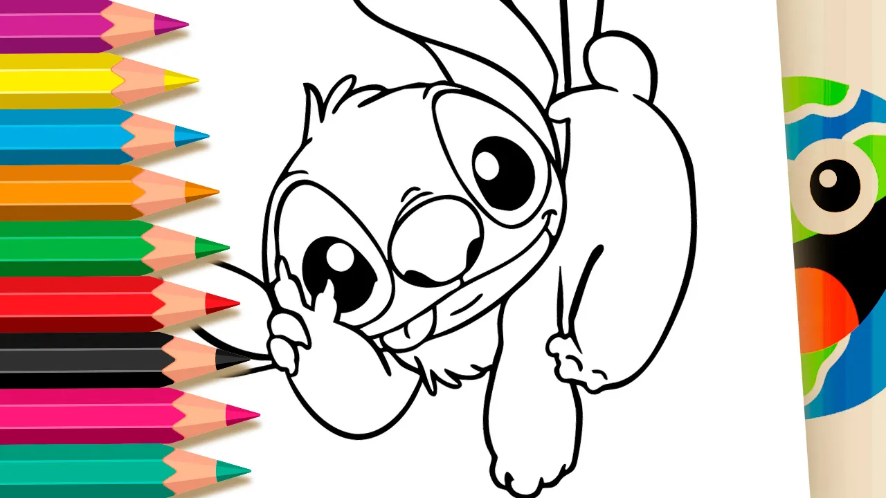 Desenho linear em preto e branco do personagem Stitch segurando um arranjo de balões que formam a frase Feliz Aniversário em letras arredondadas e fofas.