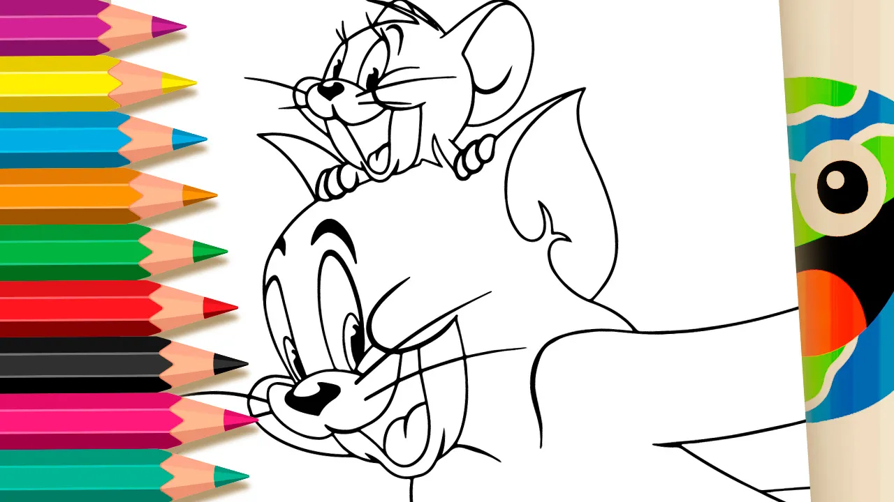 Desenho linear em preto e branco mostrando o gato Tom sorrindo com o rato Jerry apoiado em cima de sua cabeça. Ao fundo, vê-se a toca do rato na parede com um pedaço de queijo suíço dentro.