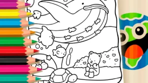Desenho para colorir Desenho de Ursinho Fofinho no Fundo do Mar com Baleia e Tartaruga para Colorir