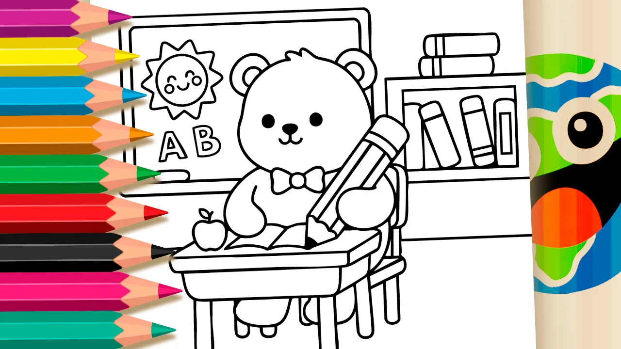 Desenho de Ursinho Fofo Estudante para Colorir: Pinte Online ou Imprima em Alta Qualidade