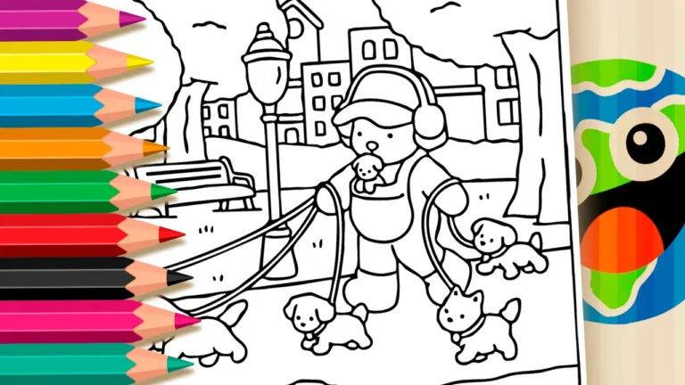 Desenho para colorir Desenho Kawaii de Ursinho Passeando com Cachorrinhos para Colorir