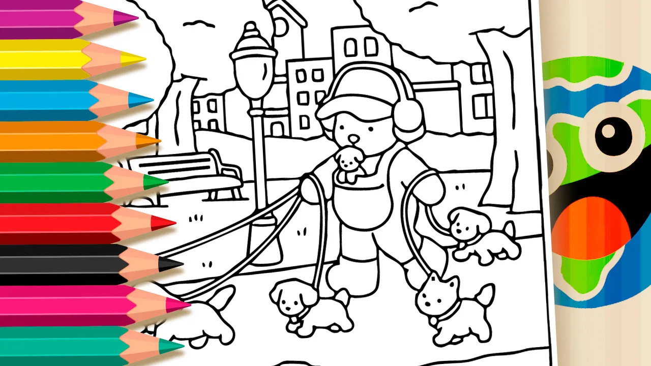 Desenho linear para colorir mostrando um urso antropomórfico estilo kawaii vestindo macacão e fones de ouvido, passeando com cinco cachorrinhos na coleira e carregando um filhote menor em uma bolsa canguru, em um cenário de parque urbano com árvores e prédios ao fundo.