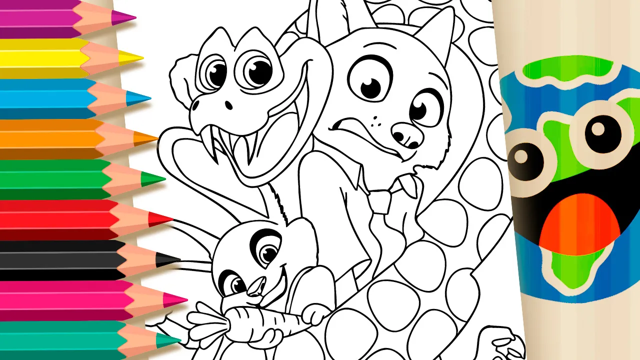 Desenho para colorir com traços pretos e brancos mostrando a coelha Judy Hopps sorrindo com uma cenoura e a raposa Nick Wilde com cara de espanto, ambos envoltos por uma grande cobra sorridente.